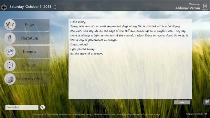 Digital diary app